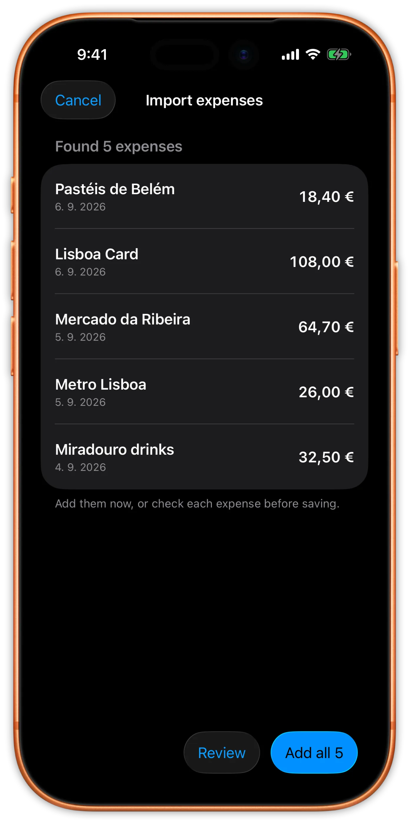 My Expenses receipt import with detected expenses